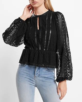 Faux Leather & Lace Long Sleeve Peplum Top