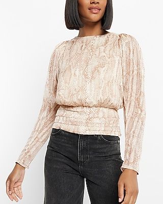 Snakeskin Print Crew Neck Puff Sleeve Banded Bottom Top