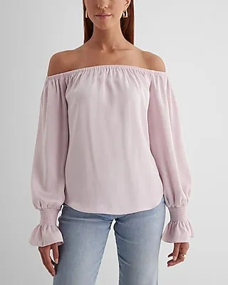 Satin Off The Shoulder Smocked Cuff Top