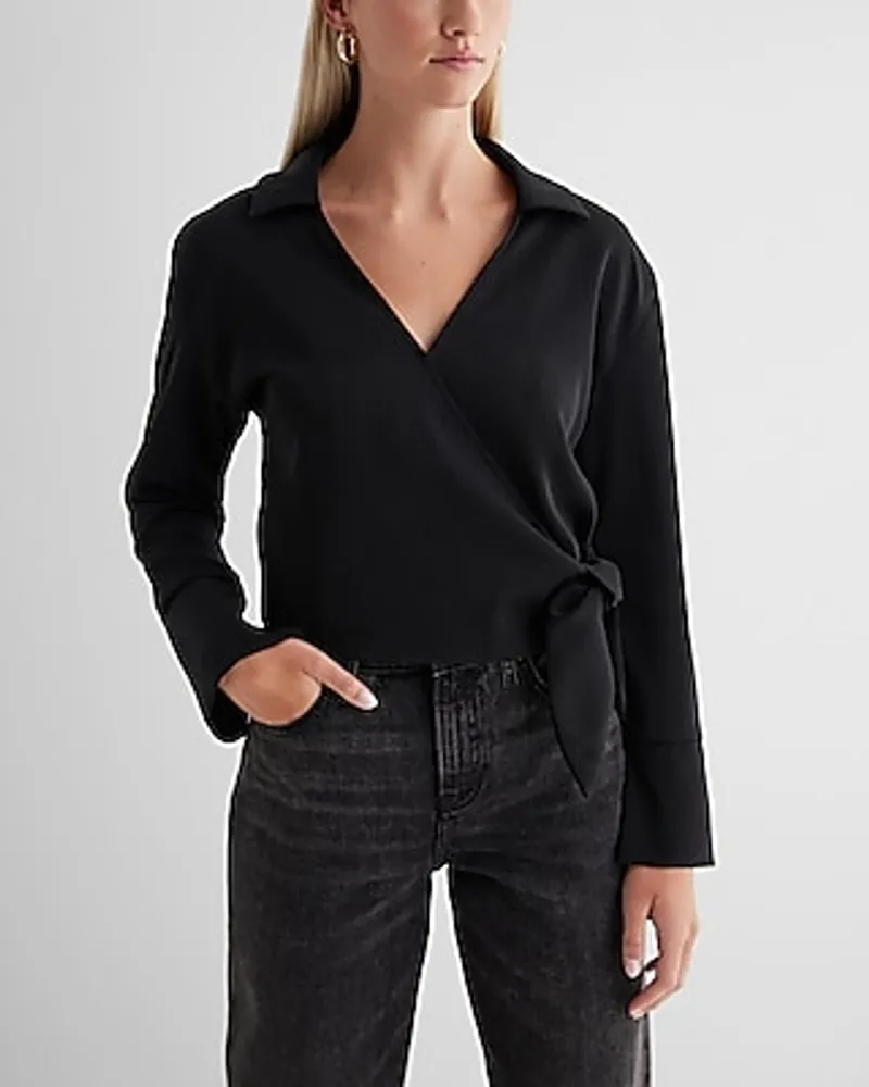 Collared V-Neck Wrap Front Tie Waist Top Black Women's L