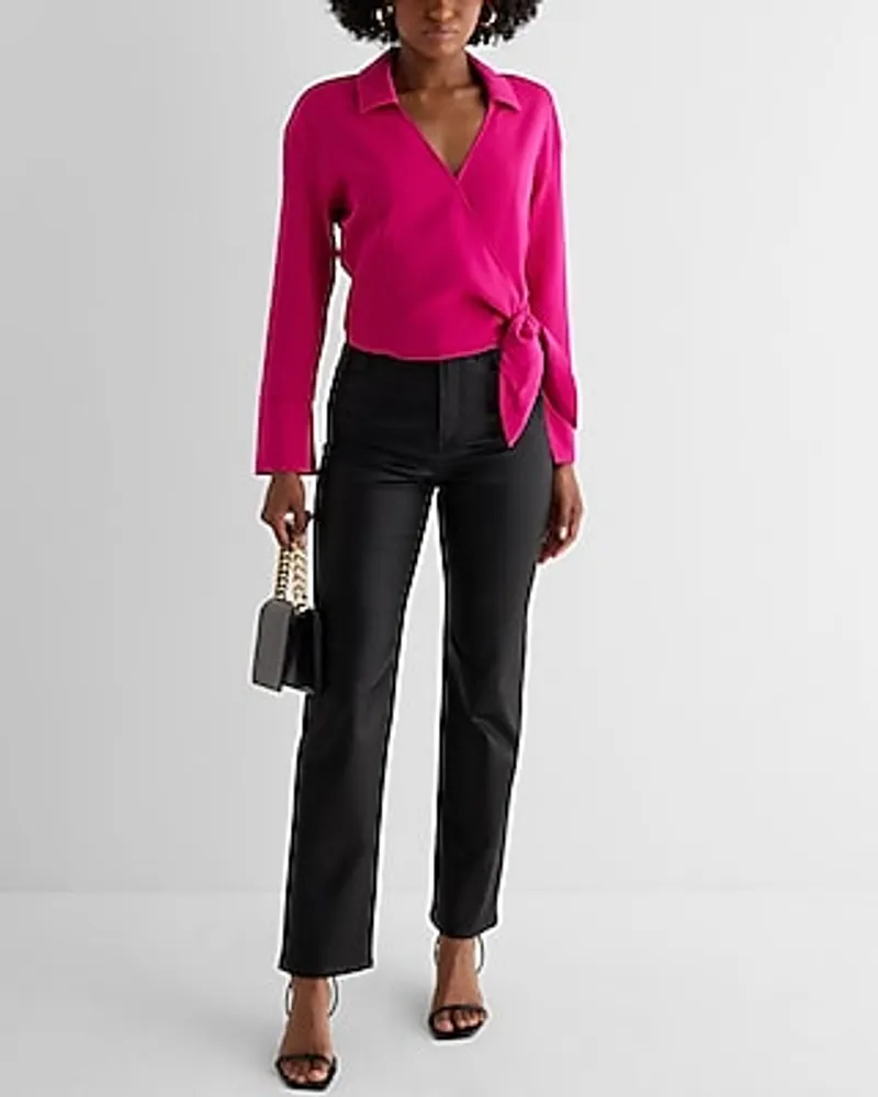 Collared V-Neck Wrap Front Tie Waist Top