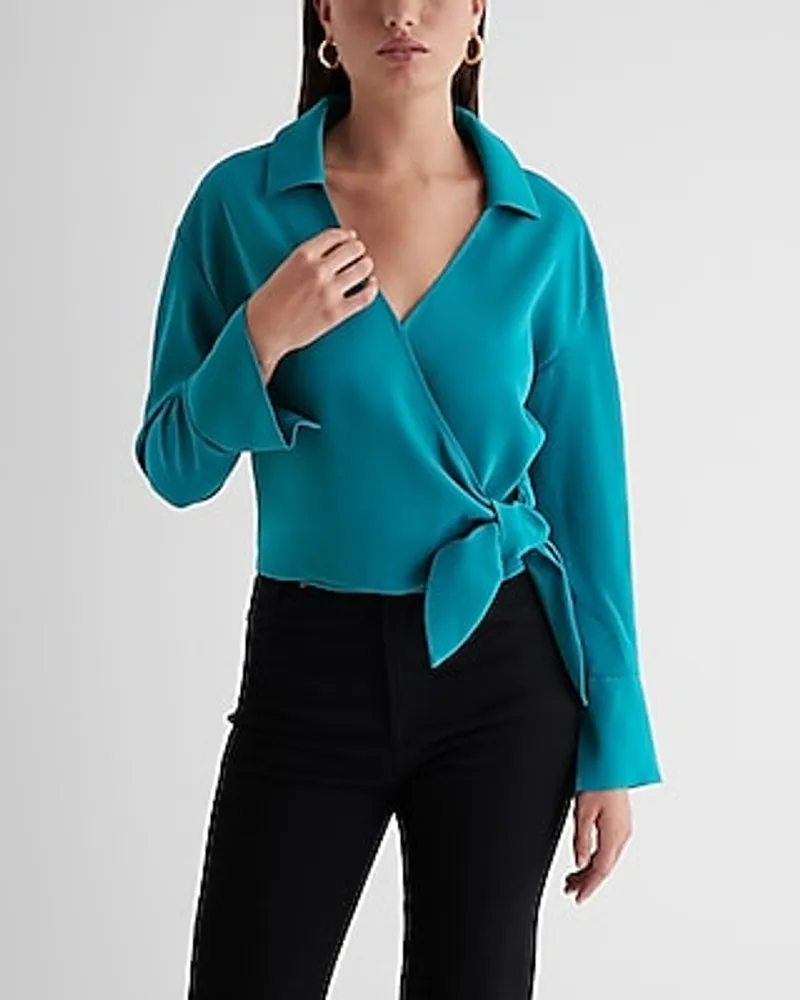 Collared V-Neck Wrap Front Tie Waist Top Women's