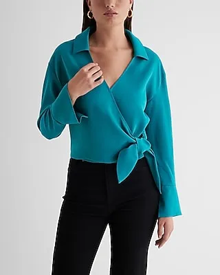 Collared V-Neck Wrap Front Tie Waist Top Women's