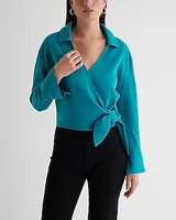 Collared V-Neck Wrap Front Tie Waist Top Blue Women's XS