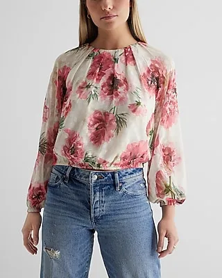 Floral Gathered Neck Balloon Sleeve Top Multi-Color Women's XS