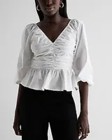 V-Neck Pleated Peplum Top White Women's M