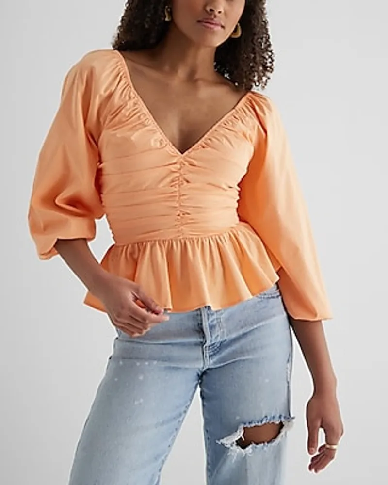 V-Neck Pleated Peplum Top Orange Women's XS