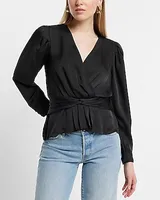 Satin V-Neck Twist Front Peplum Top Women's