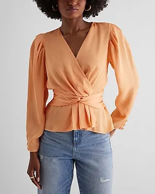 Satin V-Neck Twist Front Peplum Top Women's