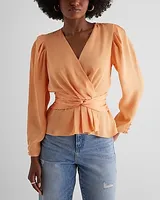 Satin V-Neck Twist Front Peplum Top Women's