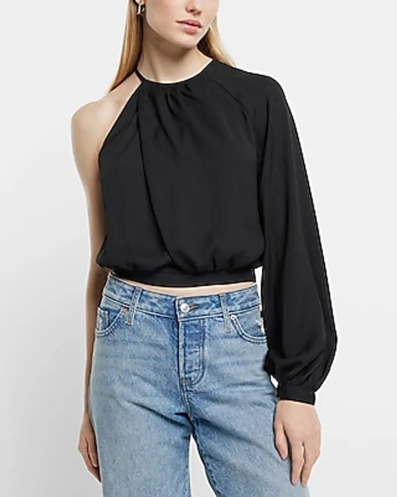 Gathered Neck One Shoulder Top Black Women's S