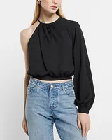 Gathered Neck One Shoulder Top Black Women's S