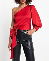 Satin One Shoulder Tie Waist Top Red Women's XS