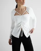 Strappy Ruched Front Split Hem Tie Top White Women's XS