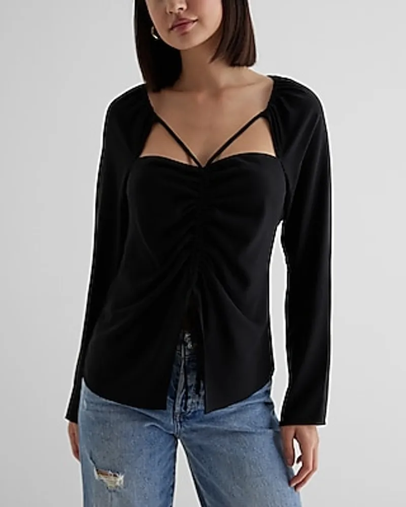 Strappy Ruched Front Split Hem Tie Top Black Women's XS