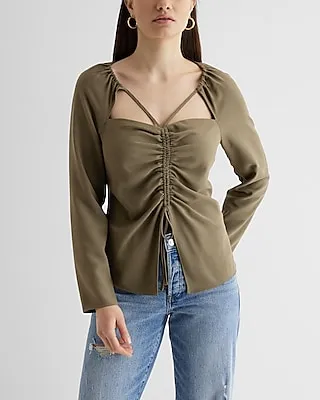 Strappy Ruched Front Split Hem Tie Top Green Women's S