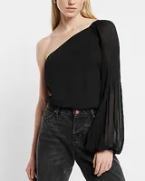 One Shoulder Pleated Top Black Women's XS