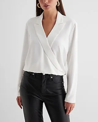 Collared V-Neck Long Sleeve Faux Wrap Front Top White Women's
