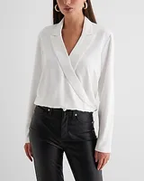 Collared V-Neck Long Sleeve Faux Wrap Front Top White Women's XL