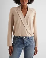 Collared V-Neck Long Sleeve Faux Wrap Front Top Neutral Women's XS