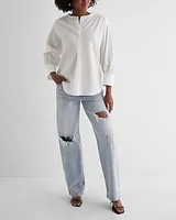 Gathered Sleeve Half Button Up Shirt White Women's XS