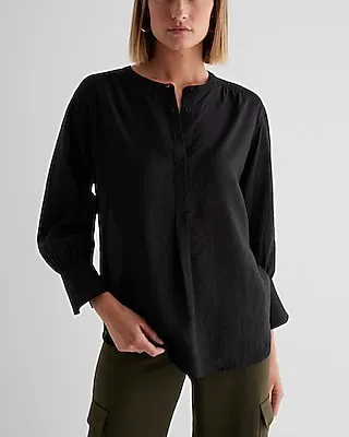 Gathered Sleeve Half Button Up Shirt Women