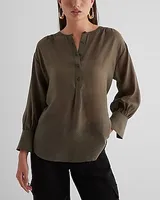 Gathered Sleeve Half Button Up Shirt Women's