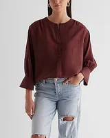 Gathered Sleeve Half Button Up Shirt Women