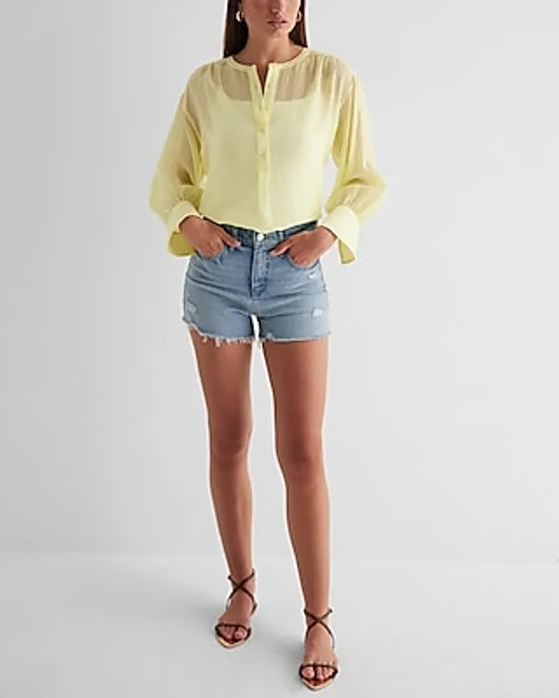 Gathered Sleeve Half Button Up Shirt Yellow Women's L