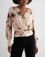 Satin Floral V-Neck Faux Wrap Pleated Waist Top Black Women's