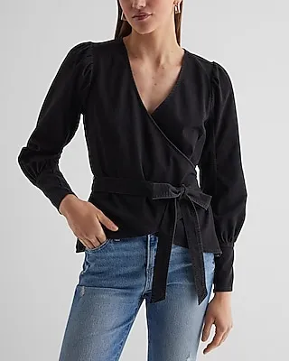 Denim V-Neck Puff Sleeve Faux Wrap Front Top