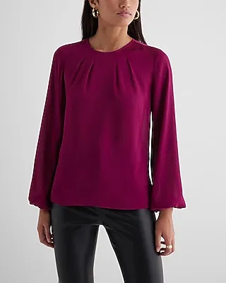 Satin Textured Gathered Neck Balloon Sleeve Top Pink Women's S