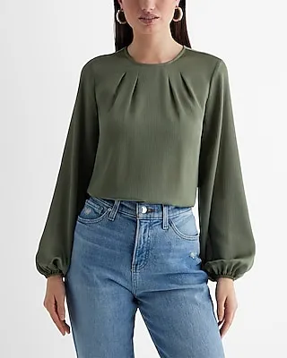 Satin Textured Gathered Neck Balloon Sleeve Top Women