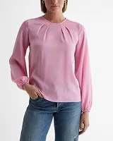 Satin Textured Gathered Neck Balloon Sleeve Top Pink Women's S