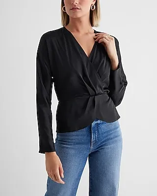 Satin Draped Faux Wrap Peplum Top Black Women's S