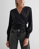 Satin V-Neck Balloon Sleeve Faux Wrap Top