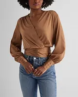 Satin V-Neck Balloon Sleeve Faux Wrap Top Women's