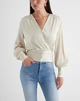 Satin V-Neck Balloon Sleeve Faux Wrap Top Neutral Women's S