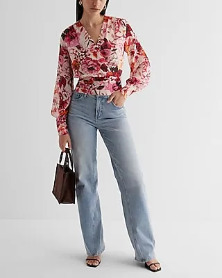 Floral V-Neck Long Sleeve Faux Wrap Pleated Waist Top Multi-Color Women