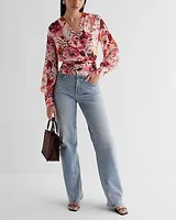 Floral V-Neck Long Sleeve Faux Wrap Pleated Waist Top