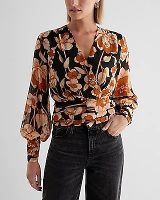 Floral V-Neck Long Sleeve Faux Wrap Pleated Waist Top