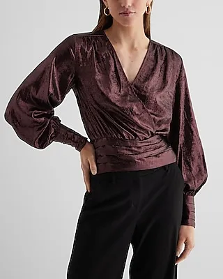 Metallic V-Neck Balloon Sleeve Faux Wrap Top Purple Women's S