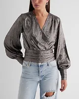 Metallic V-Neck Balloon Sleeve Faux Wrap Top Brown Women's M