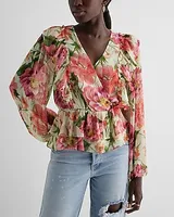 Floral V-Neck Flutter Ruffle Peplum Top