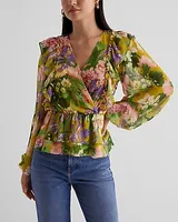 Floral V-Neck Flutter Ruffle Peplum Top