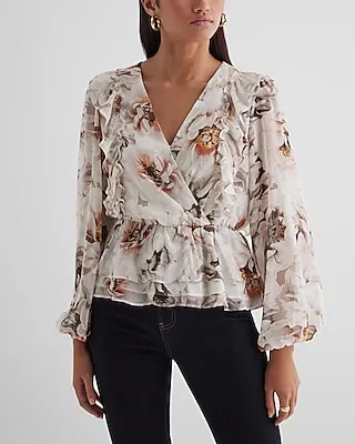 Floral V-Neck Flutter Ruffle Peplum Top Multi-Color Women's XL