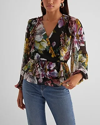 Floral V-Neck Flutter Ruffle Peplum Top Multi-Color Women