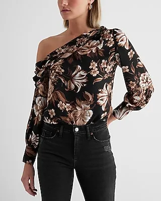 Floral Off The Shoulder Draped Balloon Sleeve Bodysuit Multi-Color Women's XS