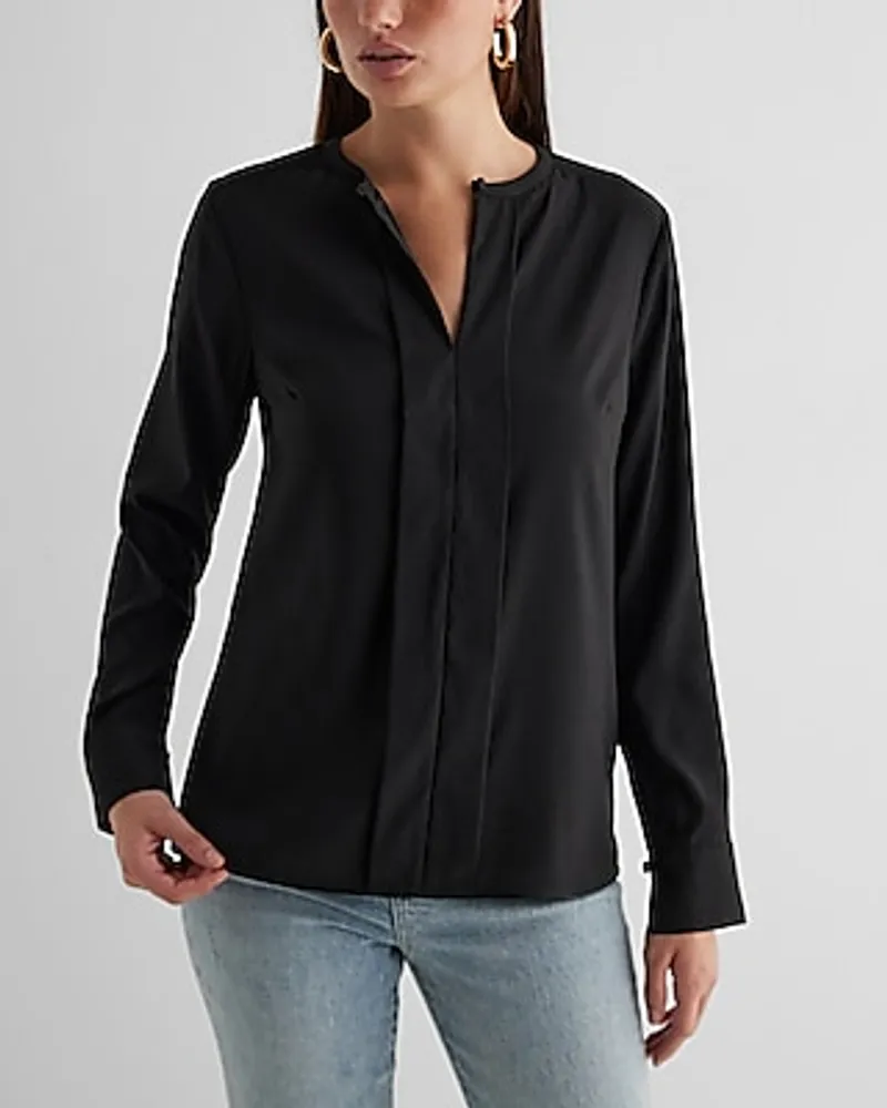 Satin Fold Over Front Portofino Shirt Black Women's