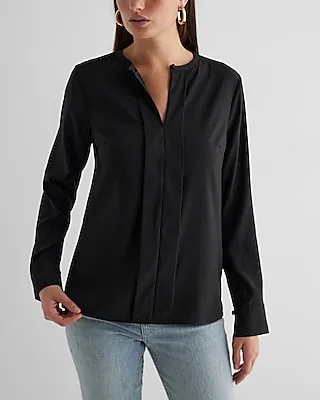 Satin Fold Over Front Portofino Shirt Black Women's